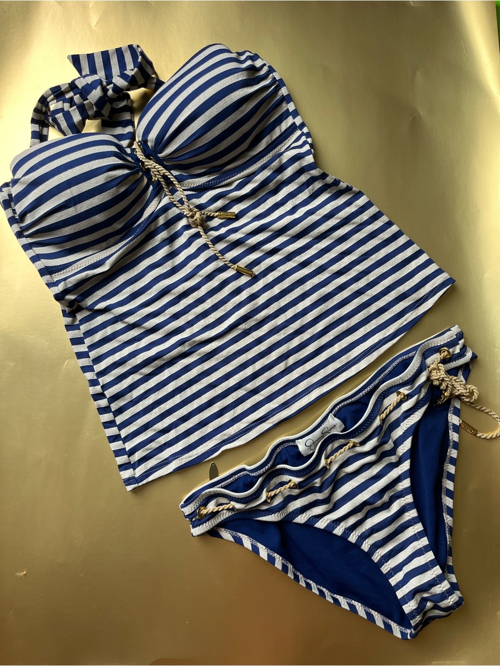 Jessica Simpson Striped Blue & White Tankini Set with Rope Detail SZM